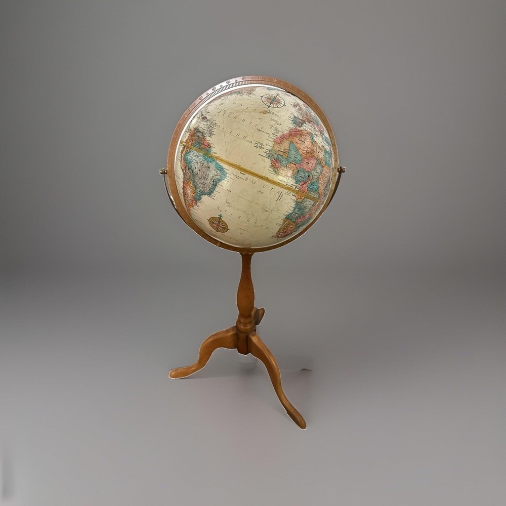 Mid-century Repogle World Classic  12" Globe on 3-Leg Wood Stand 34" Tall  EUC